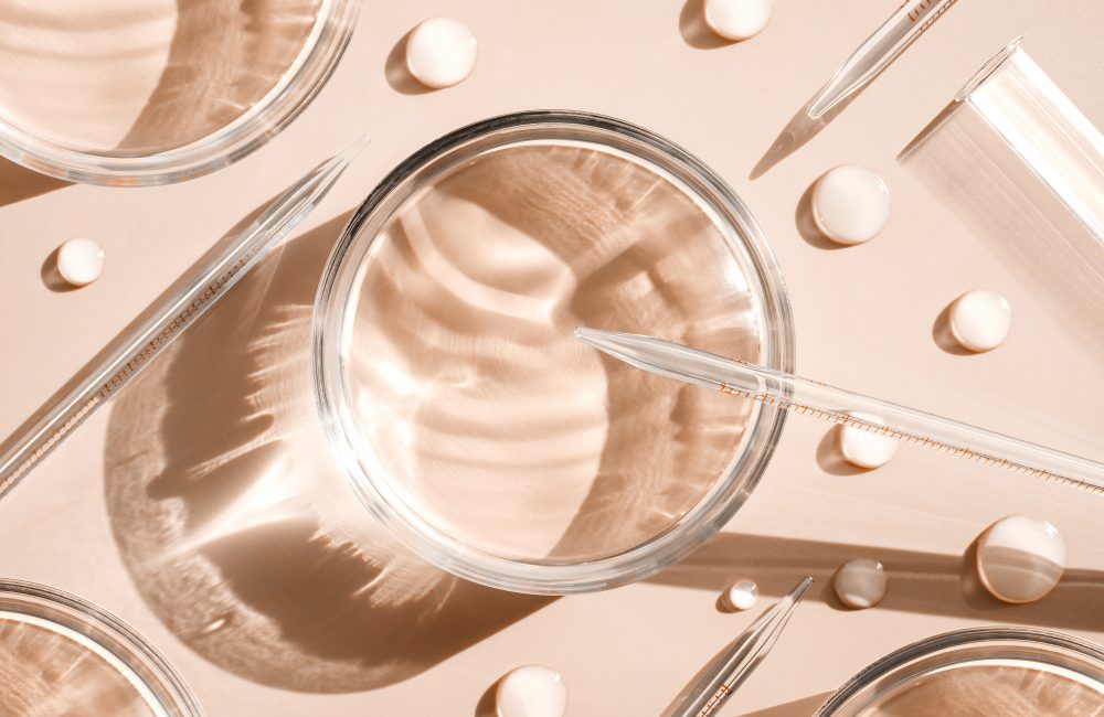 serum in petri dishes on light pink background cosmetic research concept